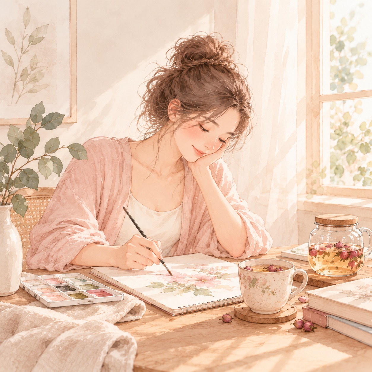 水彩插画：花茶、书本、眼罩与柔软的毯子，构成安静的休息时刻